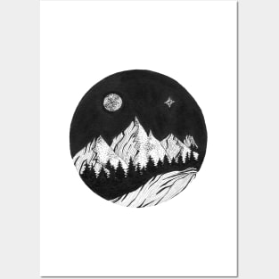 Hand inked draw of forest with mountains under the night sky with full moon and northern light Posters and Art